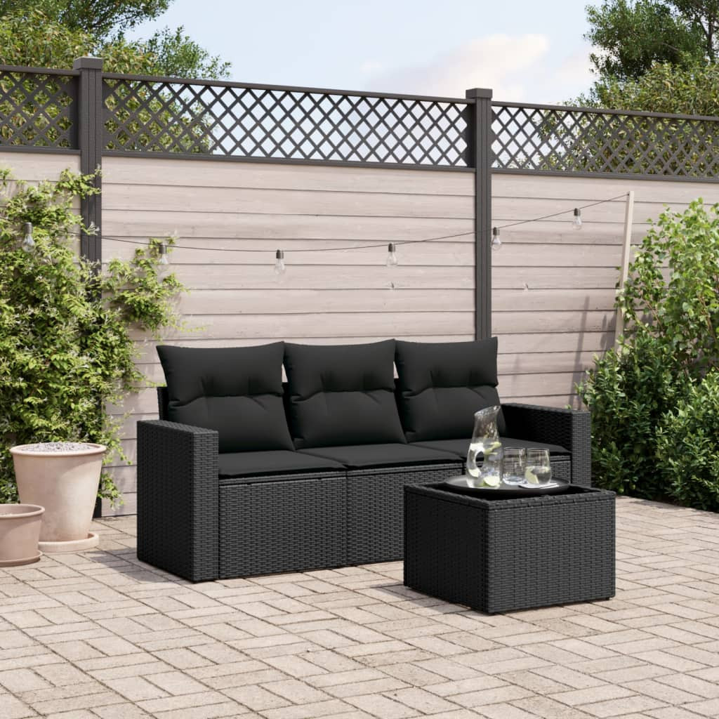 vidaXL 4-tlg. Garten-Sofagarnitur mit Kissen Schwarz Poly Rattan