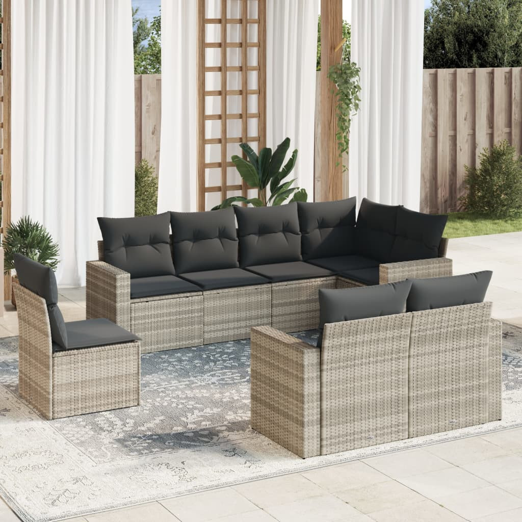 vidaXL 8-tlg. Garten-Sofagarnitur mit Kissen Hellgrau Poly Rattan