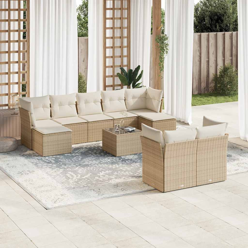 vidaXL 10-tlg. Garten-Sofagarnitur mit Kissen Beige Poly Rattan