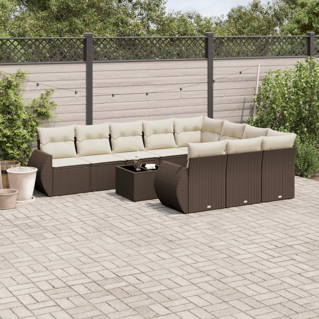 vidaXL 11-tlg. Garten-Sofagarnitur mit Kissen Braun Poly Rattan
