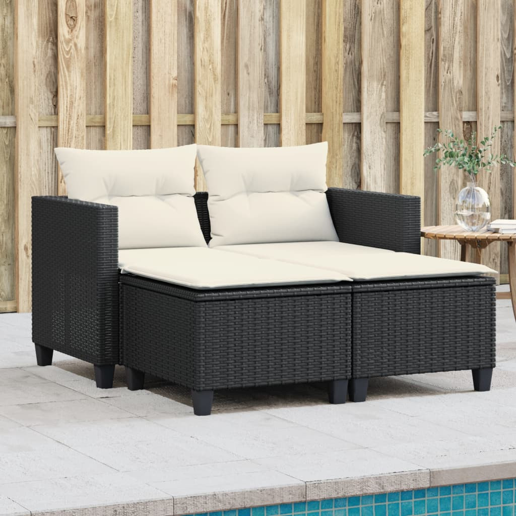 vidaXL Gartensofa 2-Sitzer mit Hockern Schwarz Poly Rattan