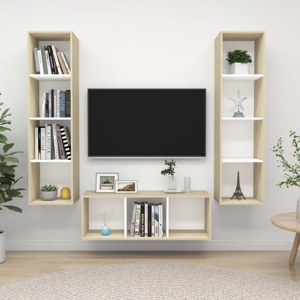 vidaXL 3-tlg. TV-Schrank-Set Weiß Sonoma-Eiche Holzwerkstoff
