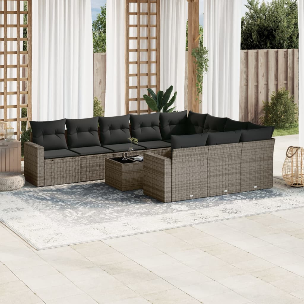 vidaXL 11-tlg. Garten-Sofagarnitur mit Kissen Grau Poly Rattan