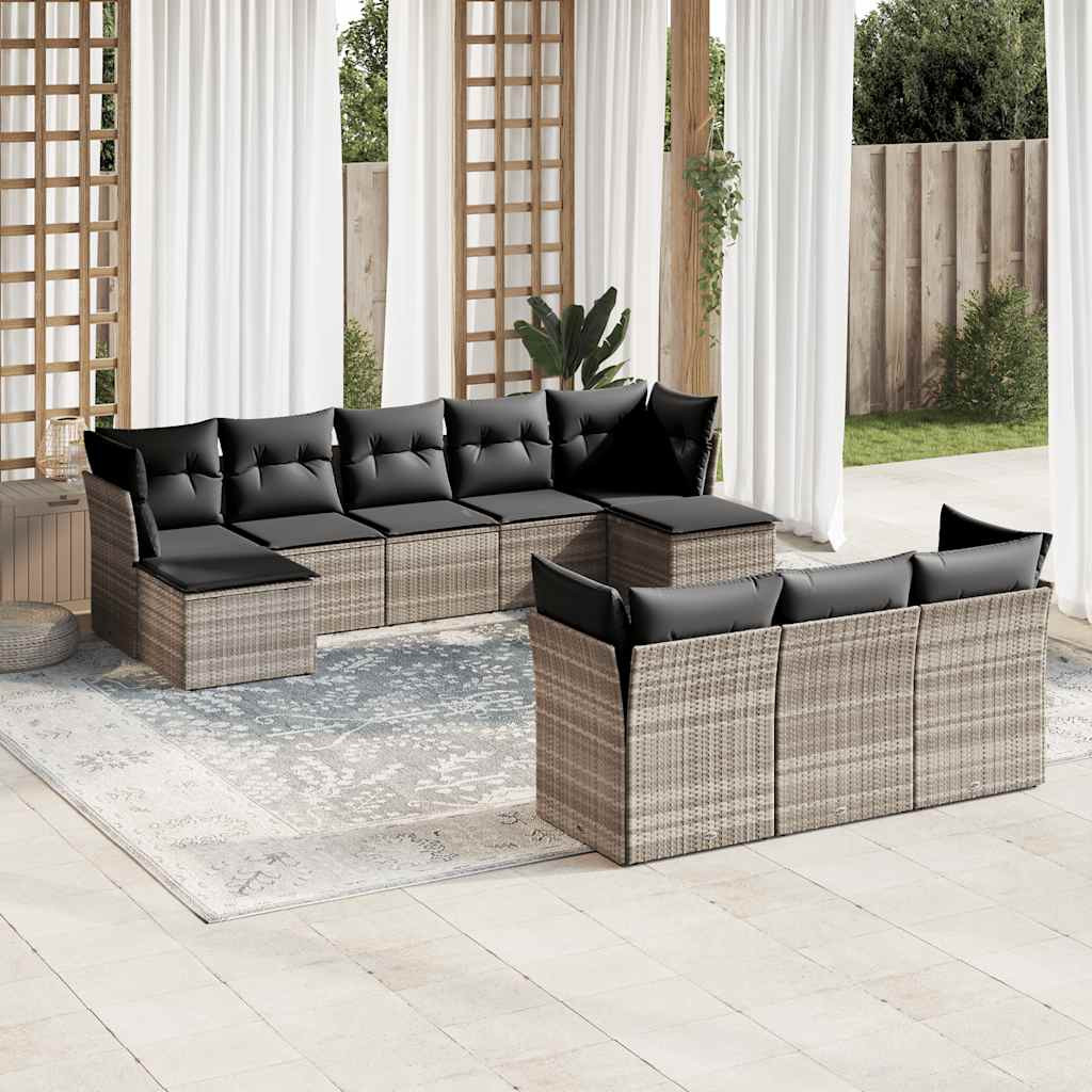 vidaXL 10-tlg. Garten-Sofagarnitur mit Kissen Hellgrau Poly Rattan