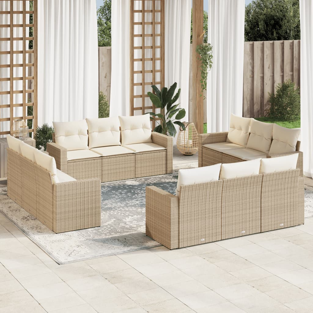 vidaXL 12-tlg. Garten-Sofagarnitur mit Kissen Beige Poly Rattan