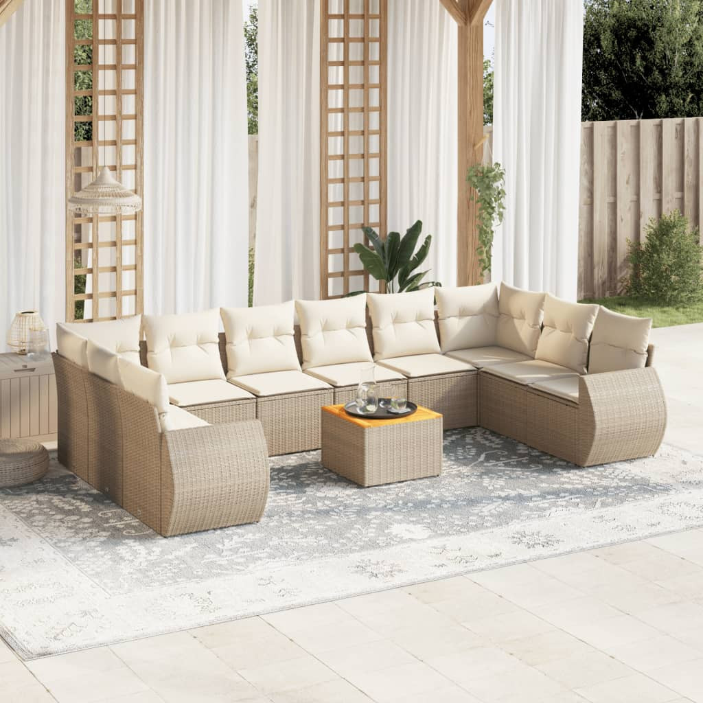vidaXL 11-tlg. Garten-Sofagarnitur mit Kissen Beige Poly Rattan