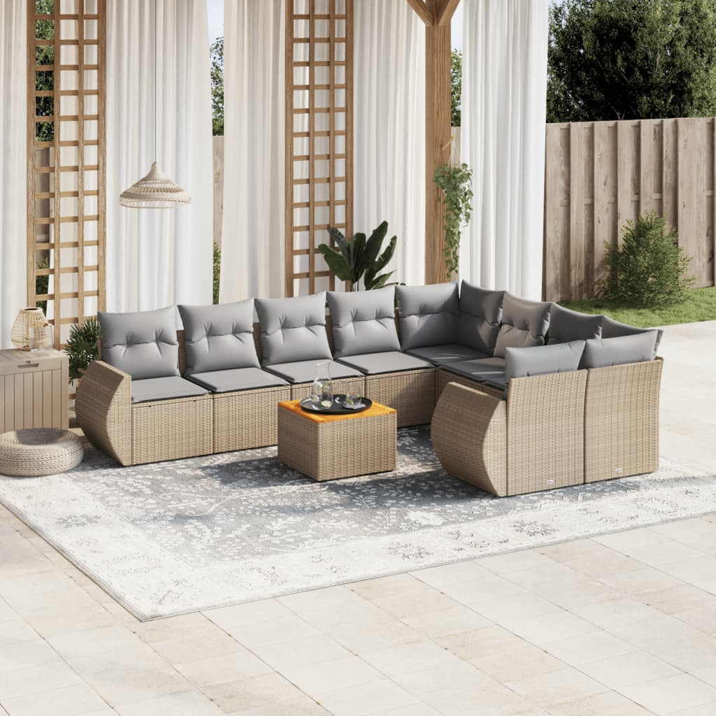vidaXL 10-tlg. Garten-Sofagarnitur mit Kissen Beige Poly Rattan