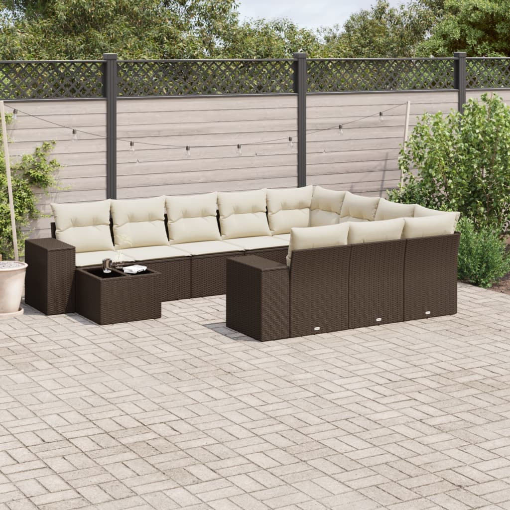 vidaXL 11-tlg. Garten-Sofagarnitur mit Kissen Braun Poly Rattan