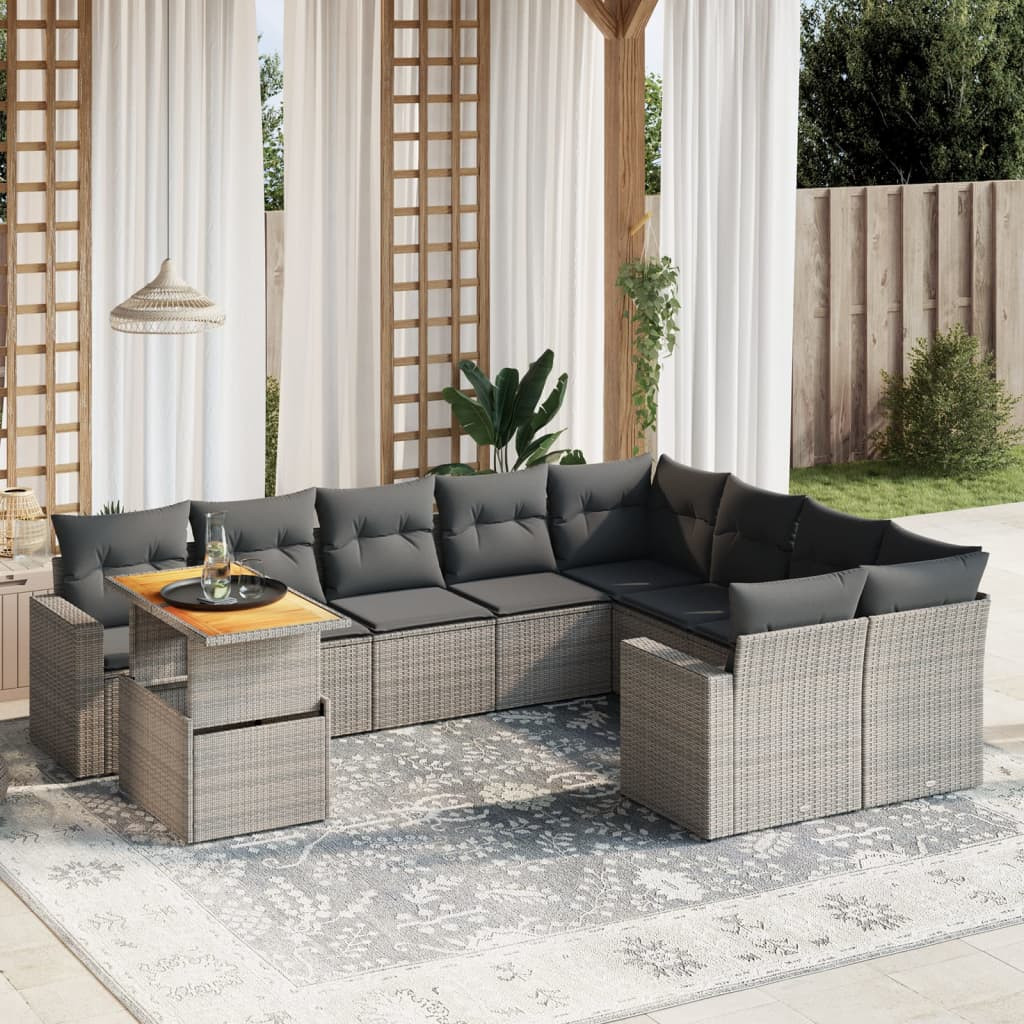 vidaXL 10-tlg. Garten-Sofagarnitur mit Kissen Grau Poly Rattan