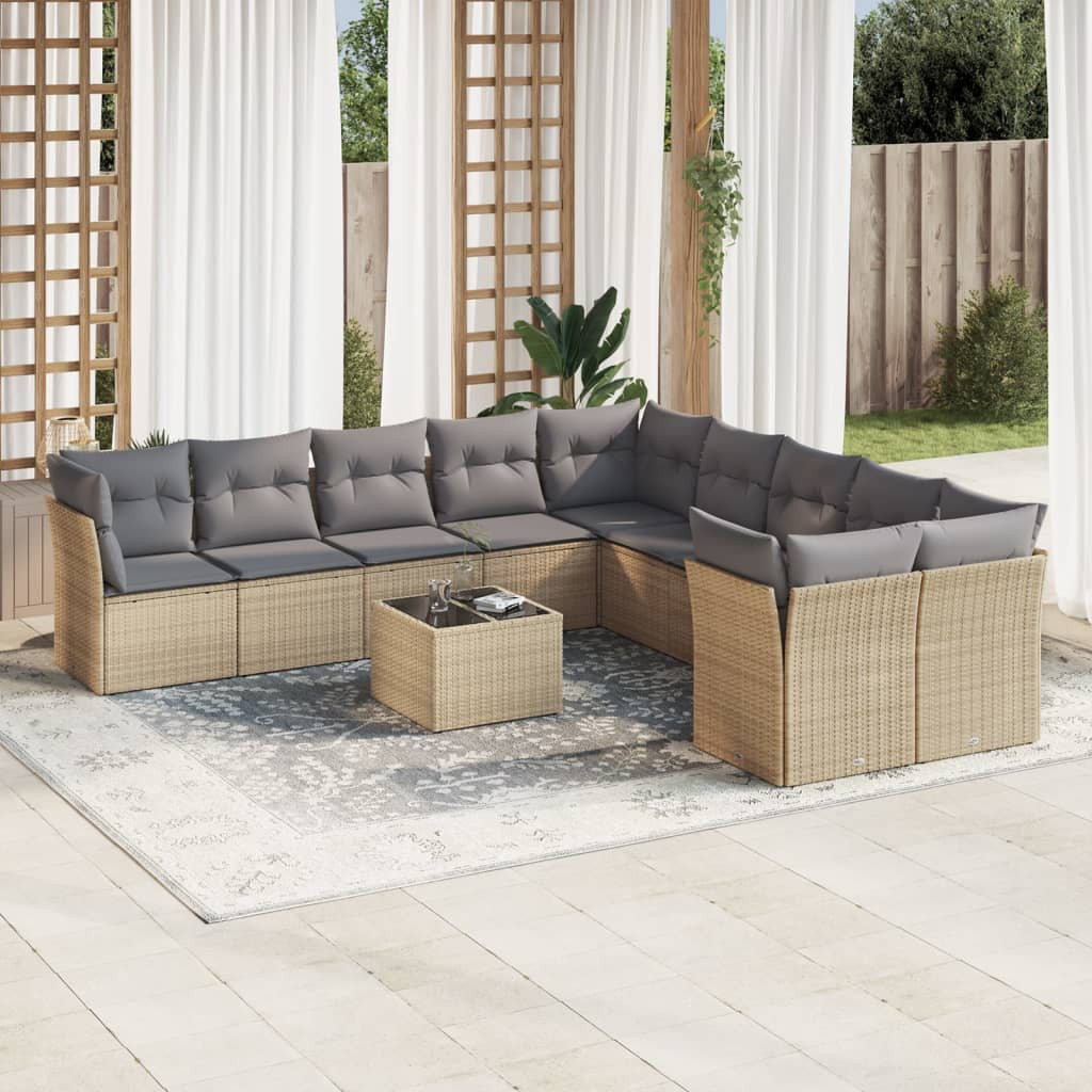 vidaXL 11-tlg. Garten-Sofagarnitur mit Kissen Beige Poly Rattan