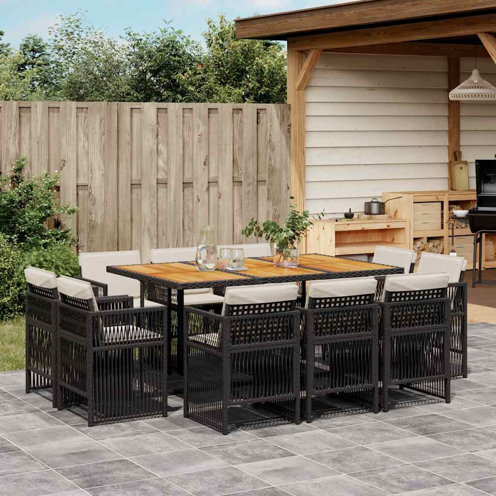 vidaXL 11-tlg. Garten-Essgruppe mit Kissen Schwarz Poly Rattan