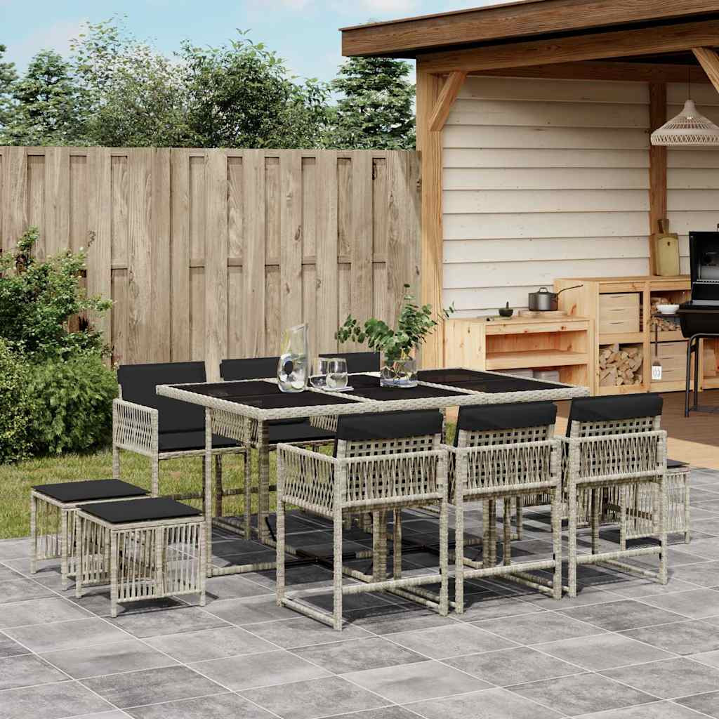 vidaXL 11-tlg. Garten-Essgruppe mit Kissen Hellgrau Poly Rattan