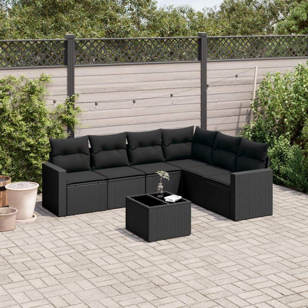 vidaXL 7-tlg. Garten-Sofagarnitur mit Kissen Schwarz Poly Rattan