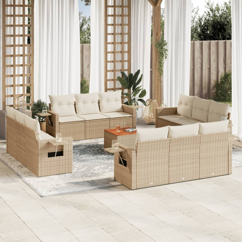 vidaXL 13-tlg. Garten-Sofagarnitur mit Kissen Beige Poly Rattan