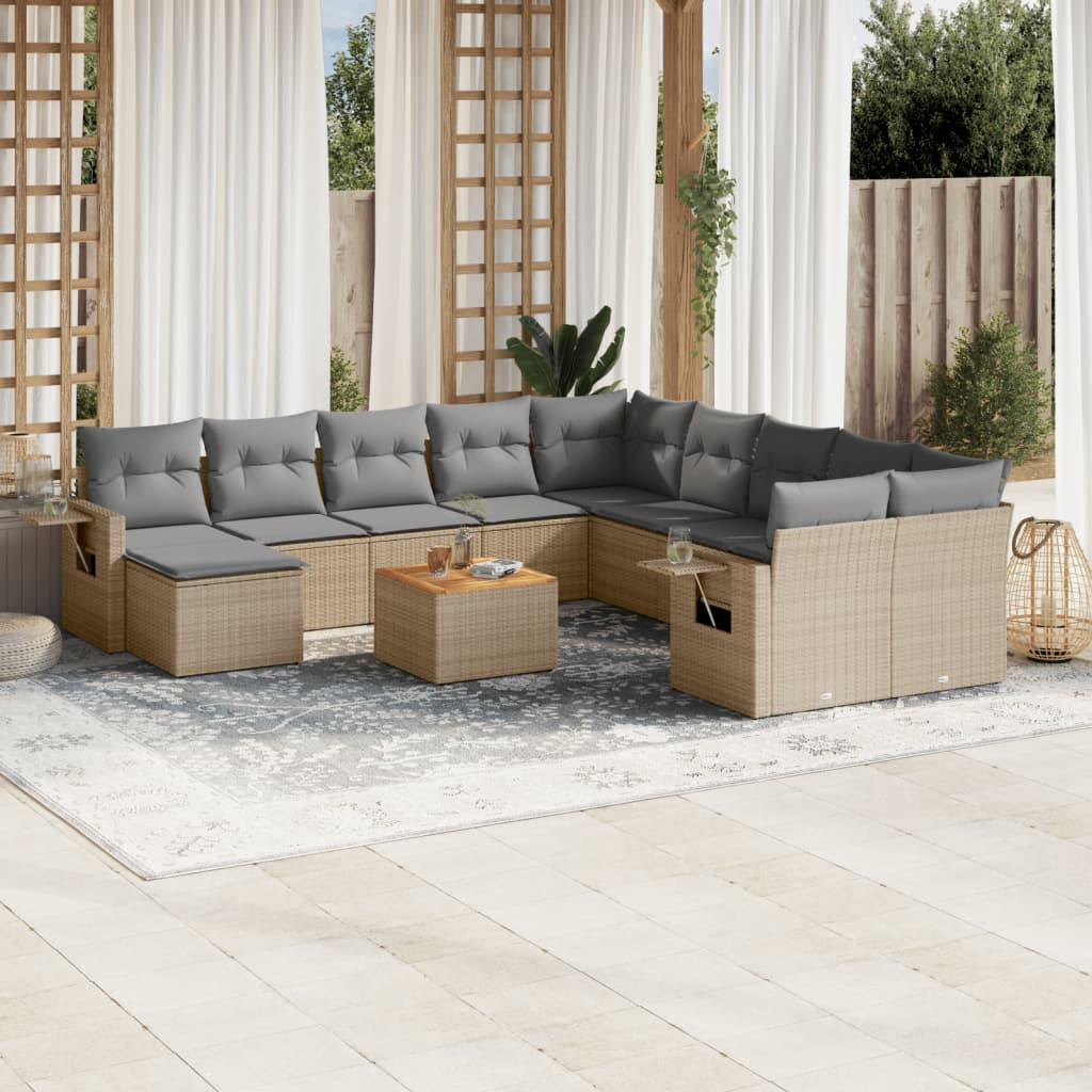vidaXL 12-tlg. Garten-Sofagarnitur mit Kissen Beige Poly Rattan