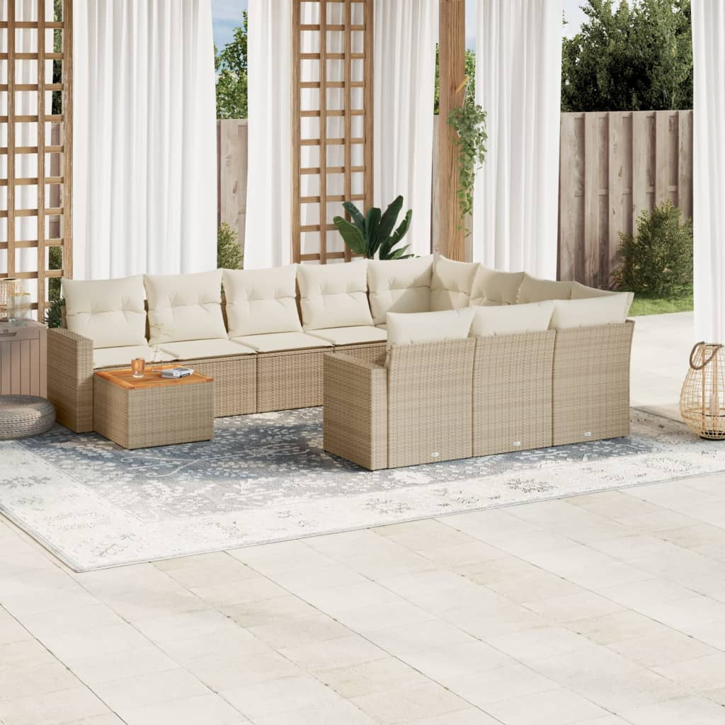 vidaXL 11-tlg. Garten-Sofagarnitur mit Kissen Beige Poly Rattan