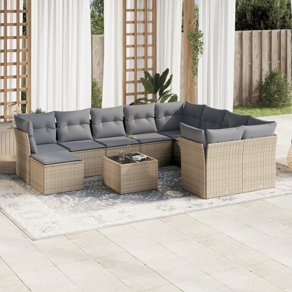 vidaXL 11-tlg. Garten-Sofagarnitur mit Kissen Beige Poly Rattan