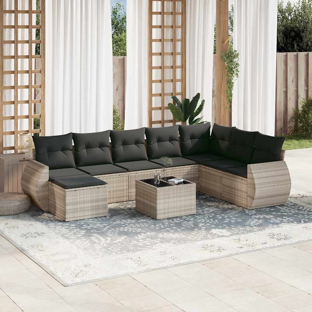 vidaXL 9-tlg. Garten-Sofagarnitur mit Kissen Hellgrau Poly Rattan
