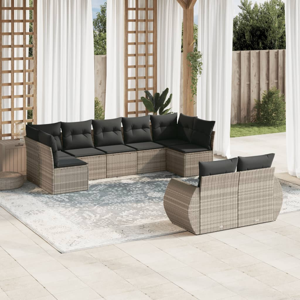 vidaXL 9-tlg. Garten-Sofagarnitur mit Kissen Hellgrau Poly Rattan