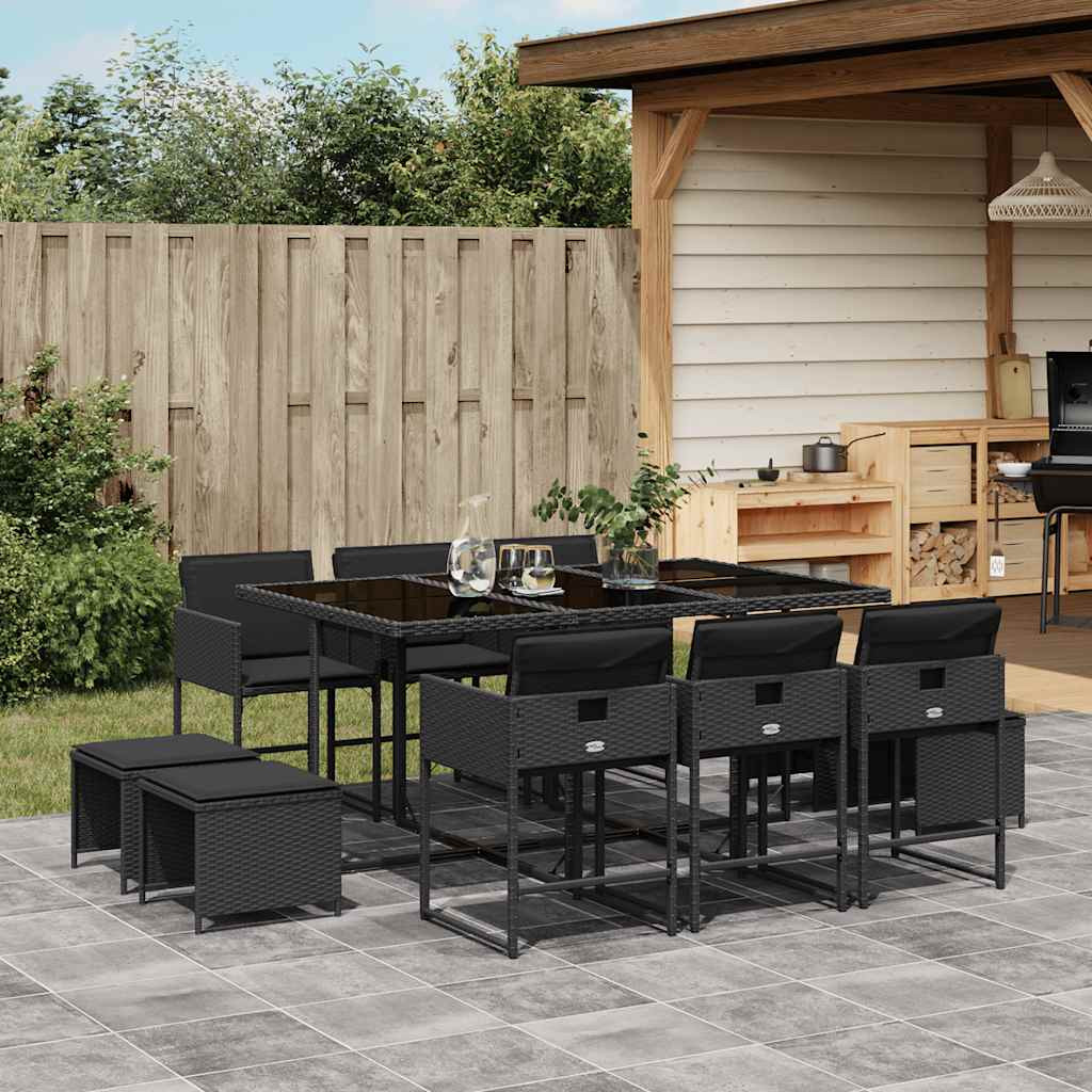 vidaXL 11-tlg. Garten-Essgruppe mit Kissen Schwarz Poly Rattan