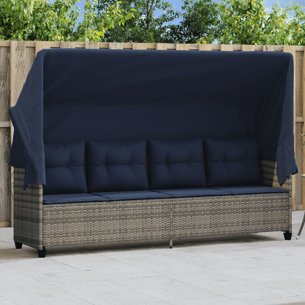 vidaXL Sonnenliege mit Dach und Kissen Grau Poly Rattan