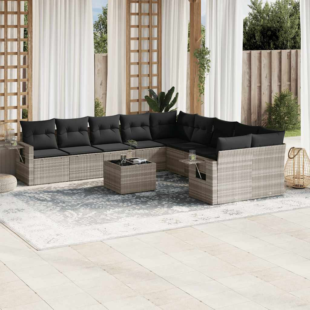 vidaXL 11-tlg. Garten-Sofagarnitur mit Kissen Hellgrau Poly Rattan