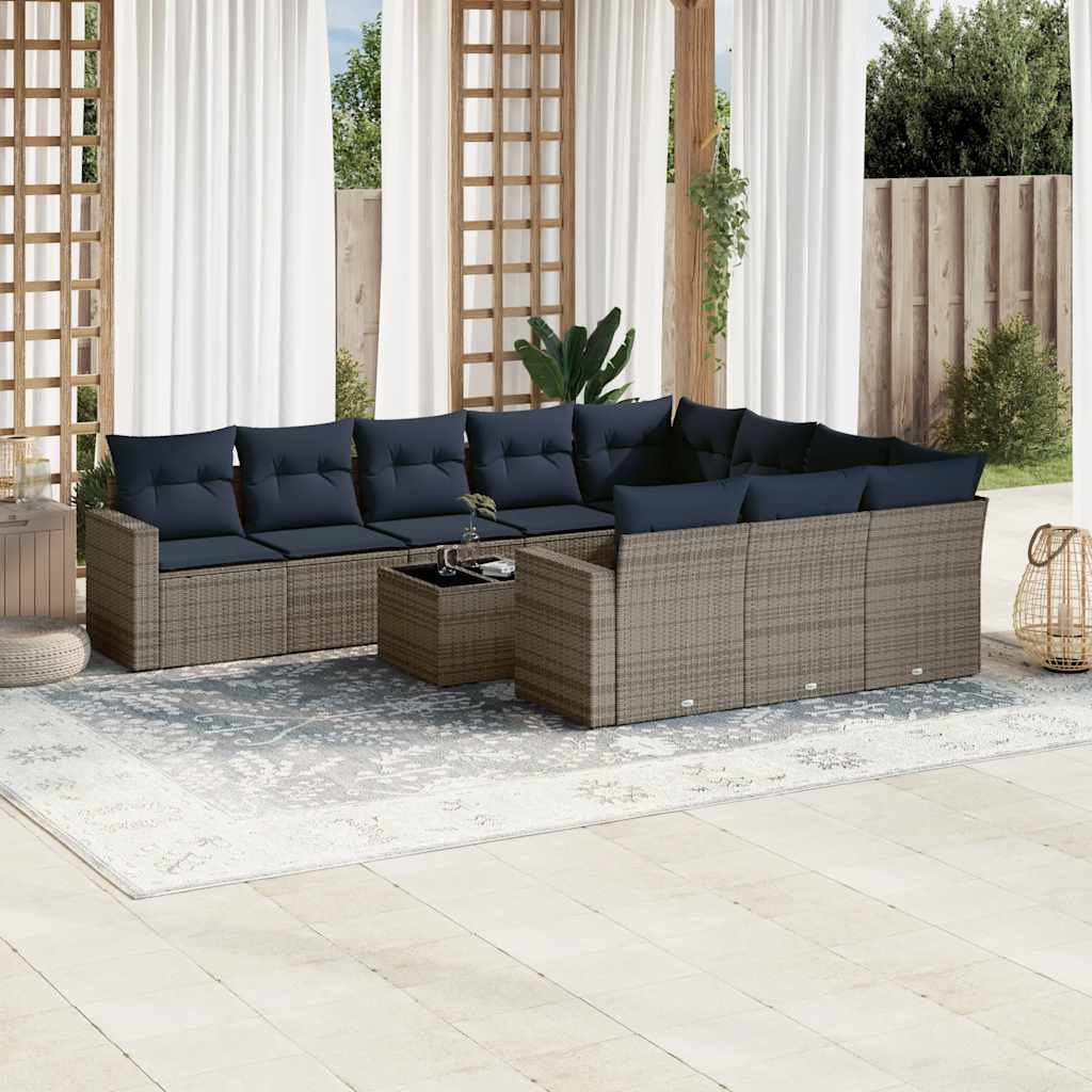 vidaXL 11-tlg. Garten-Sofagarnitur mit Kissen Grau Poly Rattan