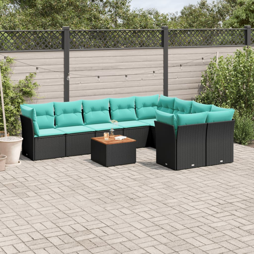 vidaXL 10-tlg. Garten-Sofagarnitur mit Kissen Schwarz Poly Rattan