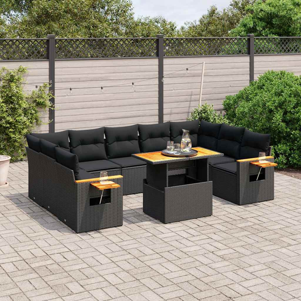 vidaXL 10-tlg. Garten-Sofagarnitur mit Kissen Schwarz Poly Rattan