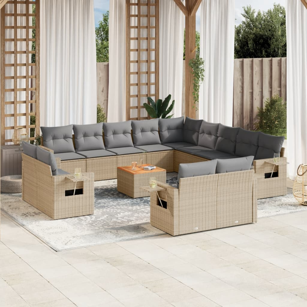 vidaXL 14-tlg. Garten-Sofagarnitur mit Kissen Beige Poly Rattan