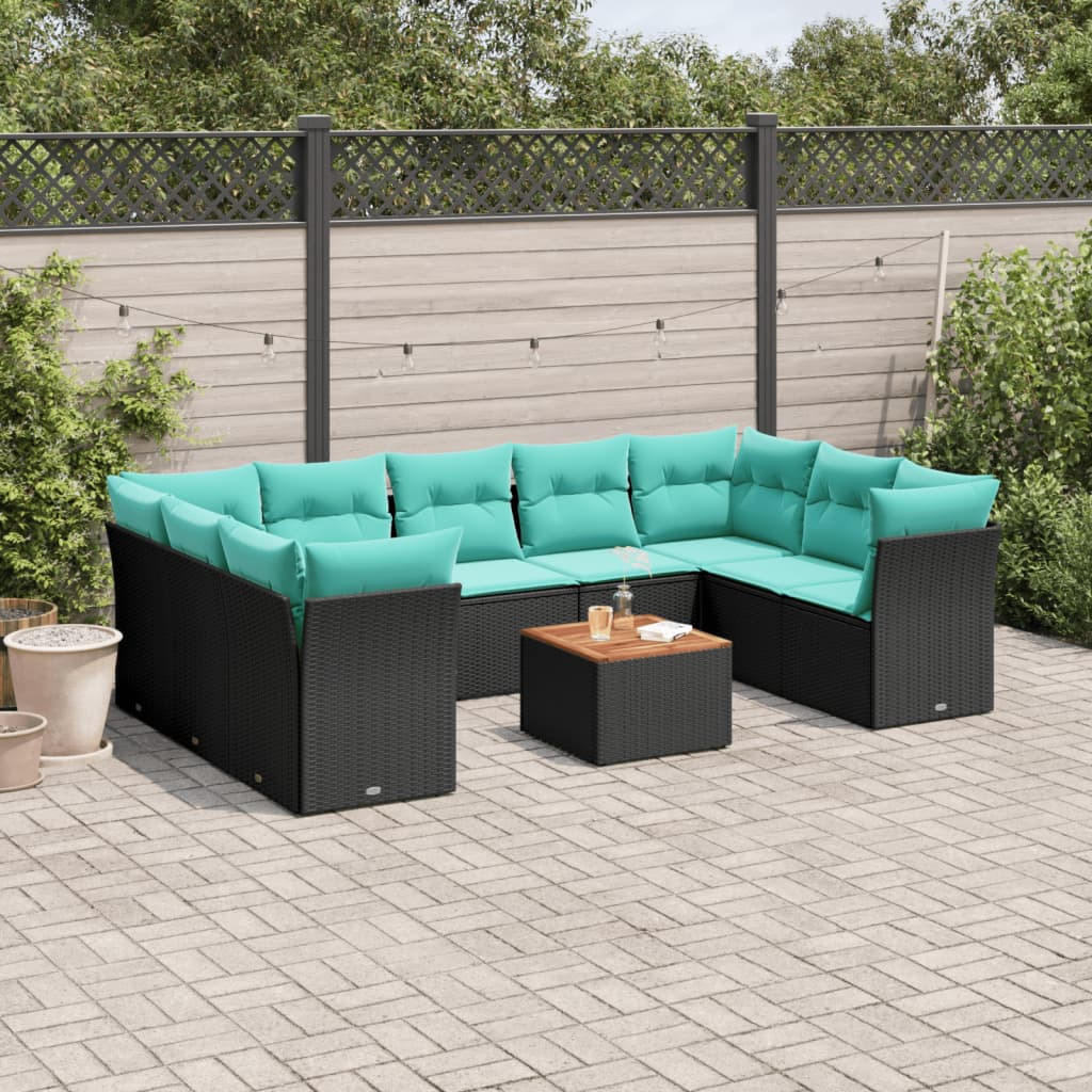 vidaXL 10-tlg. Garten-Sofagarnitur mit Kissen Schwarz Poly Rattan