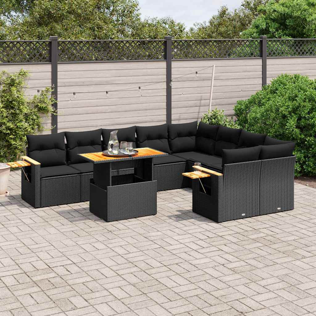 vidaXL 10-tlg. Garten-Sofagarnitur mit Kissen Schwarz Poly Rattan