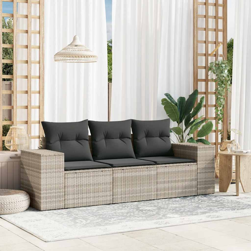 vidaXL 3-tlg. Garten-Sofagarnitur mit Kissen Hellgrau Poly Rattan