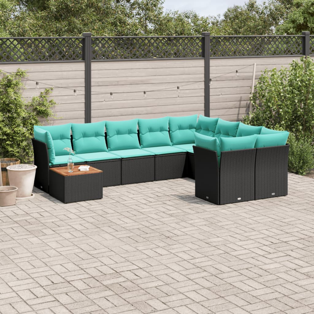 vidaXL 10-tlg. Garten-Sofagarnitur mit Kissen Schwarz Poly Rattan