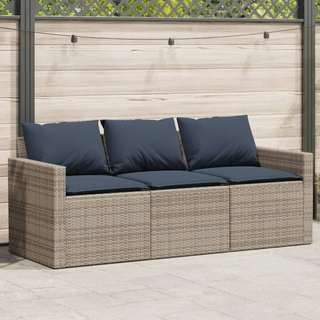 vidaXL Gartensofa mit Kissen 3-Sitzer Grau Poly Rattan