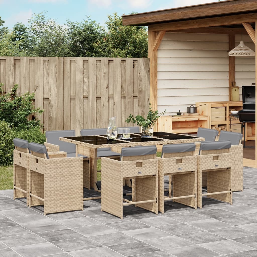 vidaXL 11-tlg. Garten-Essgruppe mit Kissen Beigemischung Poly Rattan