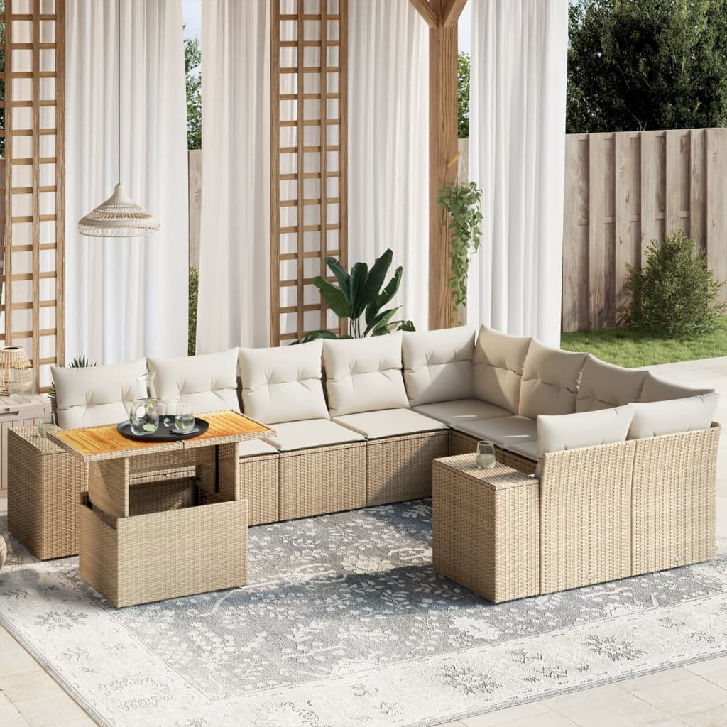 vidaXL 10-tlg. Garten-Sofagarnitur mit Kissen Beige Poly Rattan