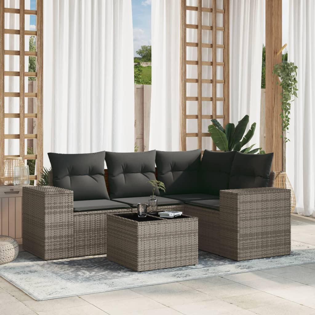 vidaXL 5-tlg. Garten-Sofagarnitur mit Kissen Grau Poly Rattan