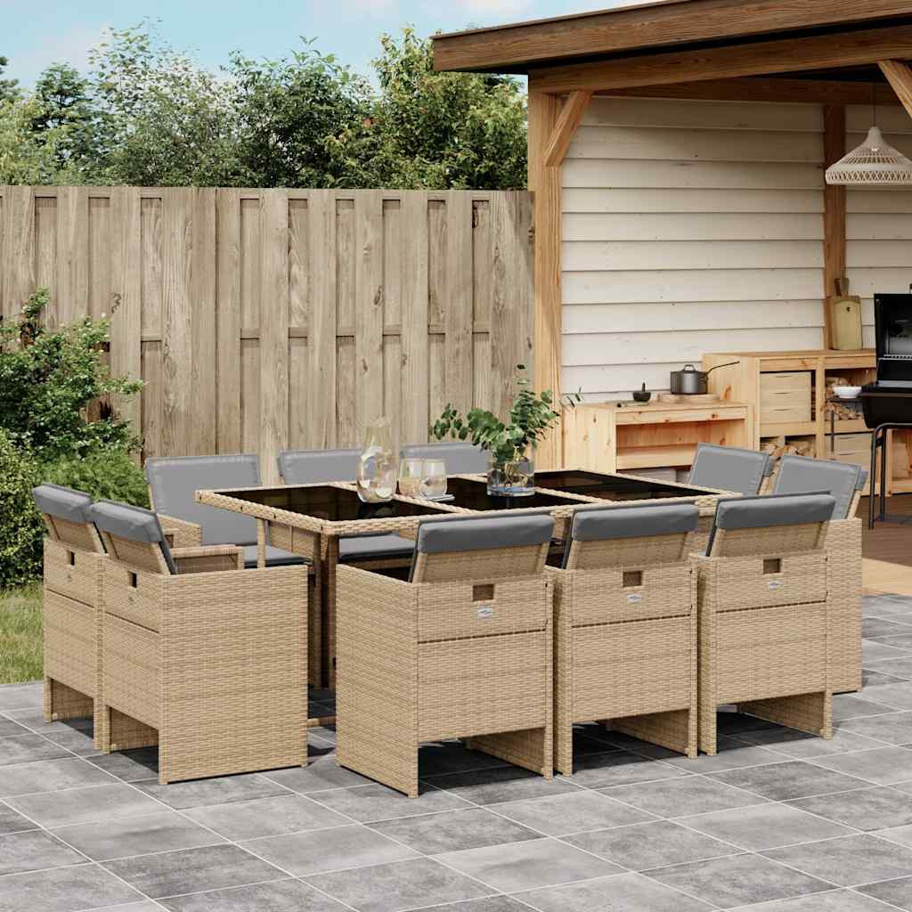 vidaXL 11-tlg. Garten-Essgruppe mit Kissen Beigemischung Poly Rattan