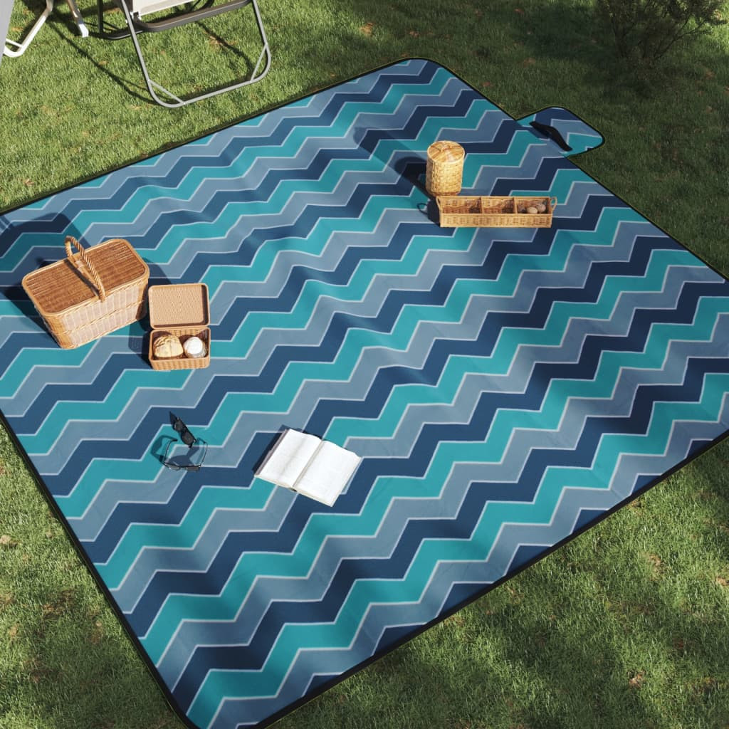 vidaXL Picknickdecke Faltbar Blau Wellenmuster 200x200 cm Samt