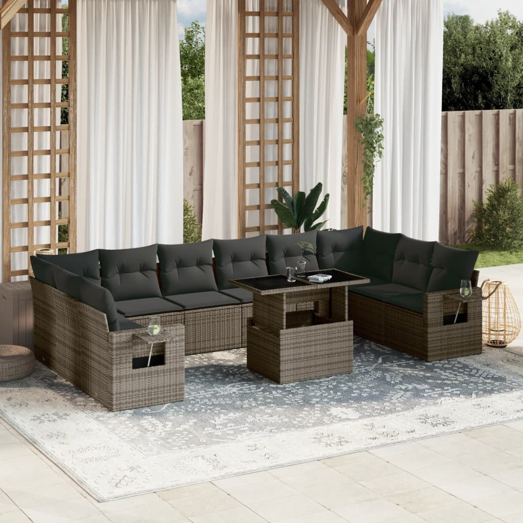 vidaXL 11-tlg. Garten-Sofagarnitur mit Kissen Grau Poly Rattan