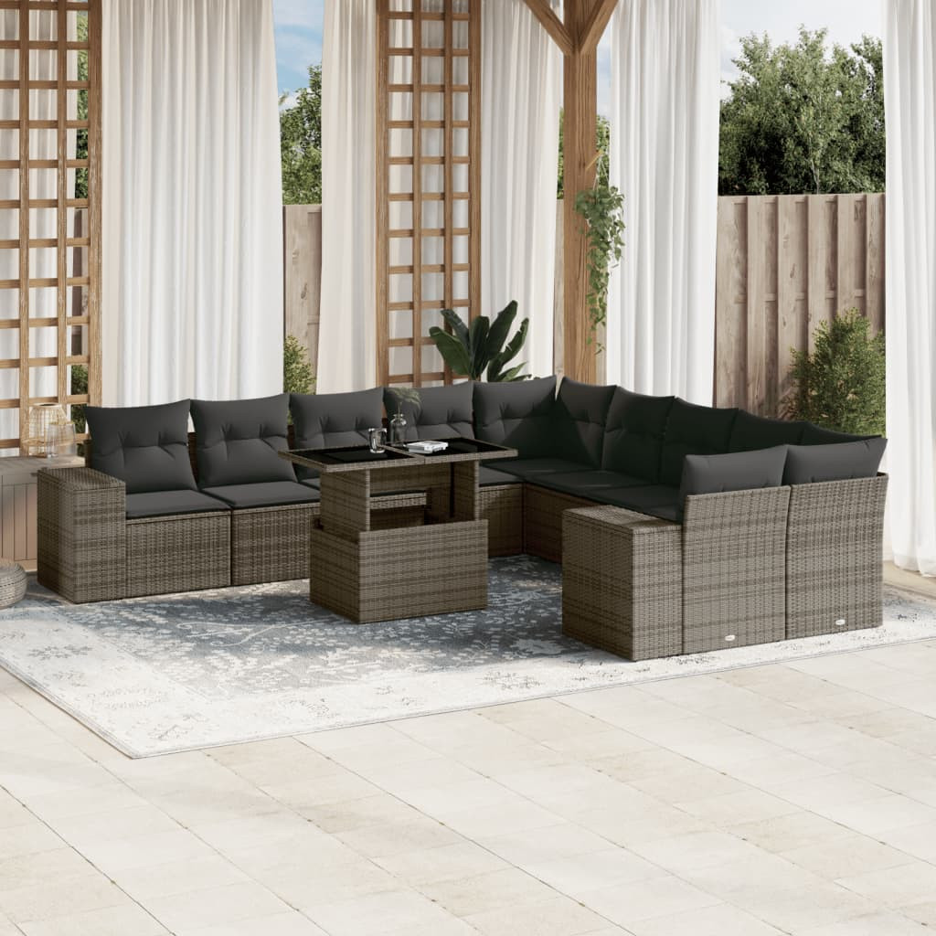 vidaXL 11-tlg. Garten-Sofagarnitur mit Kissen Grau Poly Rattan