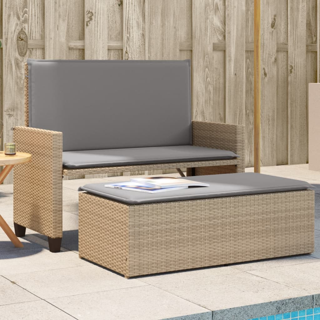 vidaXL Gartenbank mit Kissen und Hocker Beige Poly Rattan