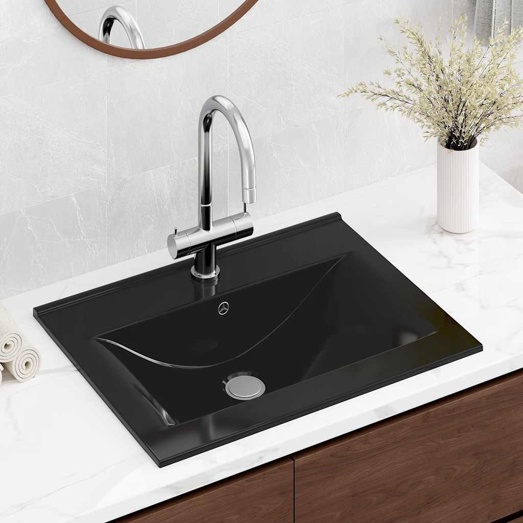 vidaXL Luxus-Waschbecken Keramik Rechteckig Schwarz mit Hahnloch 60x46 cm