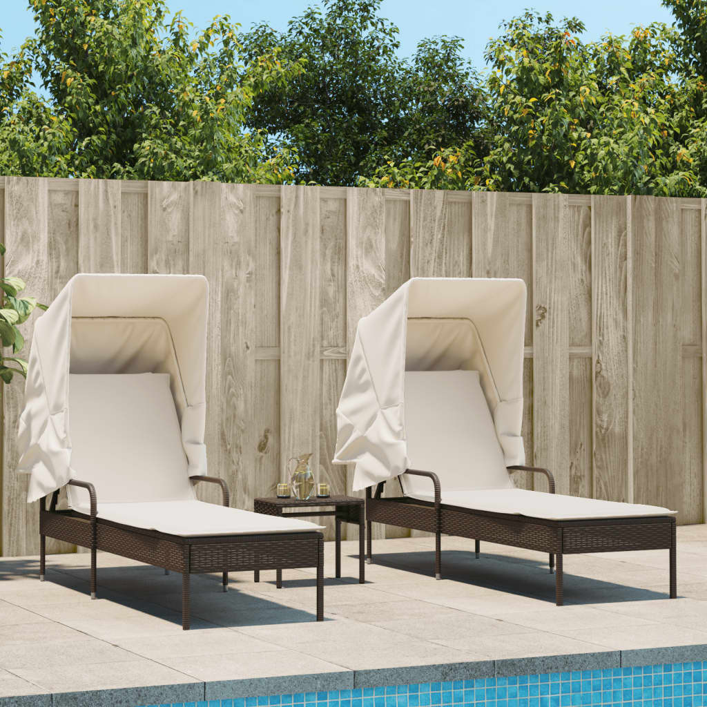 vidaXL Sonnenliegen 2 Stk. mit Dach und Tisch Braun Poly Rattan