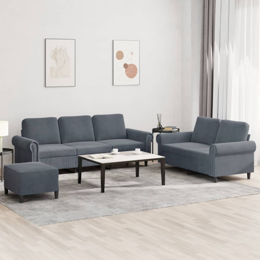 vidaXL 3-tlg. Sofagarnitur mit Kissen Dunkelgrau Samt
