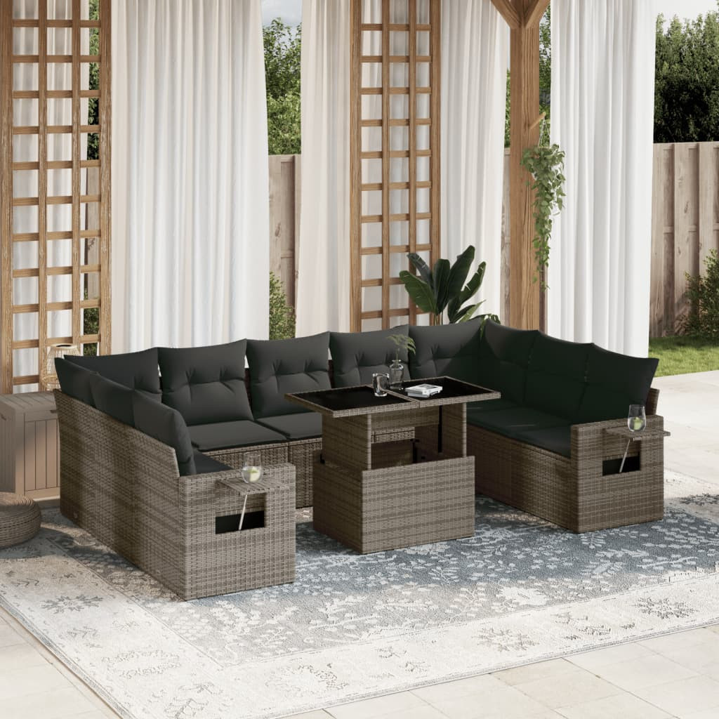 vidaXL 10-tlg. Garten-Sofagarnitur mit Kissen Grau Poly Rattan