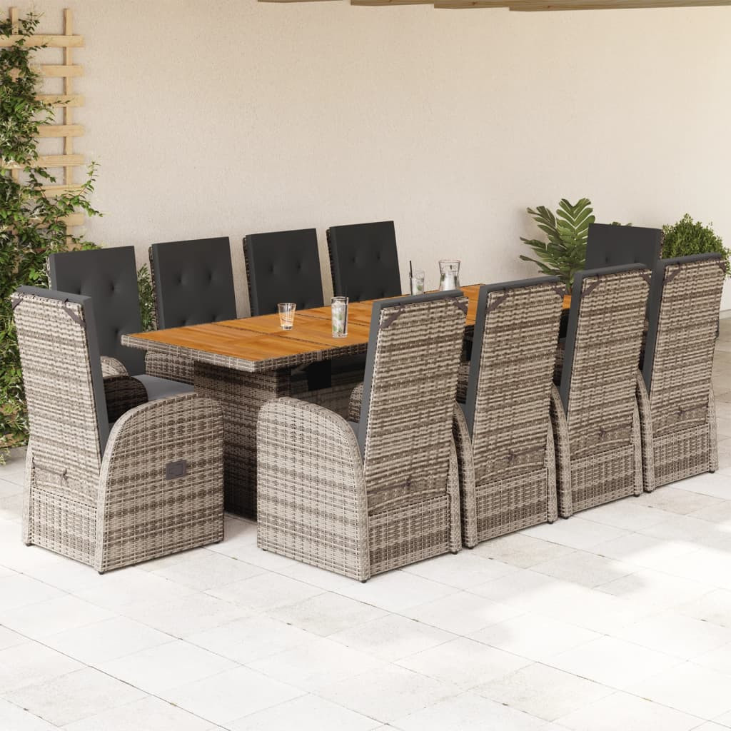 vidaXL 11-tlg. Garten-Essgruppe mit Kissen Grau Poly Rattan