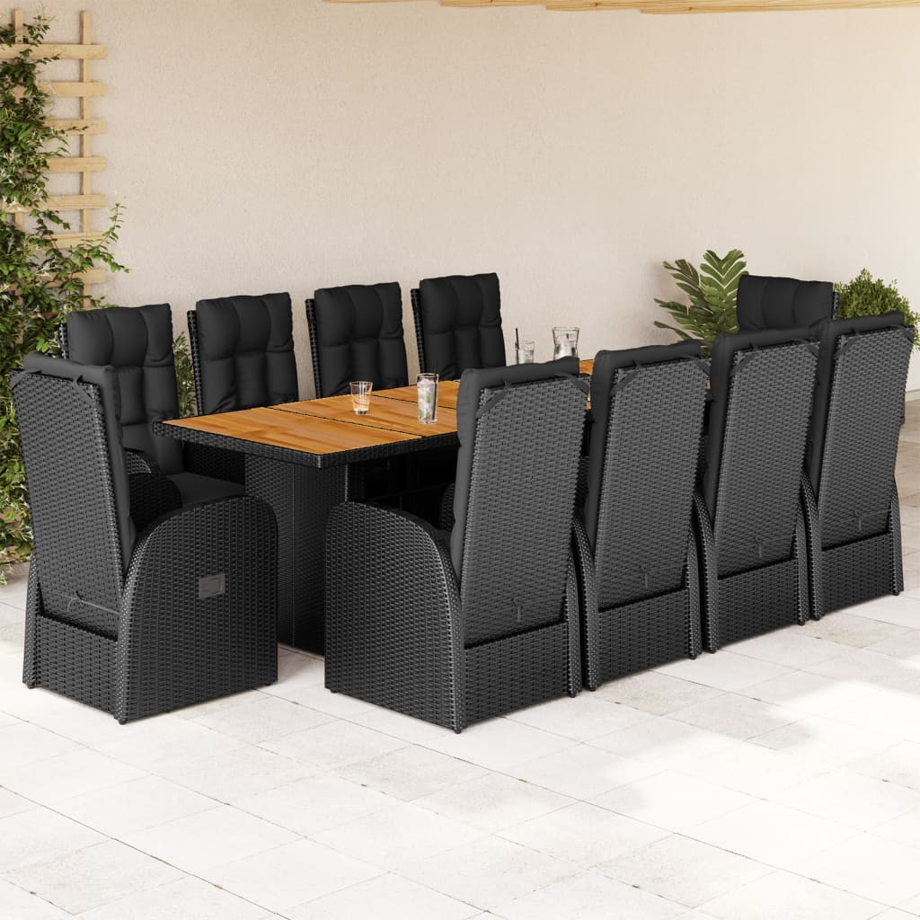vidaXL 11-tlg. Garten-Essgruppe mit Kissen Schwarz Poly Rattan