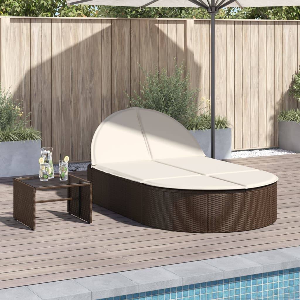 vidaXL Doppel-Sonnenliege mit Auflagen Braun Poly Rattan